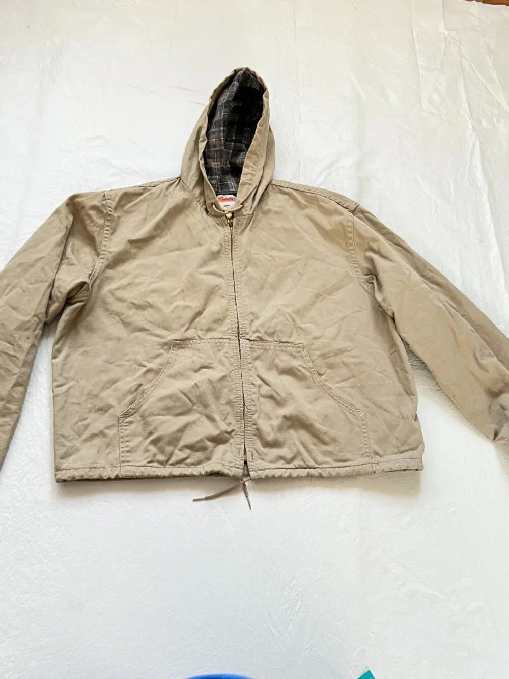 Vintage Oshkosh Bgosh canvas jacket boys large light tan brown hooded work